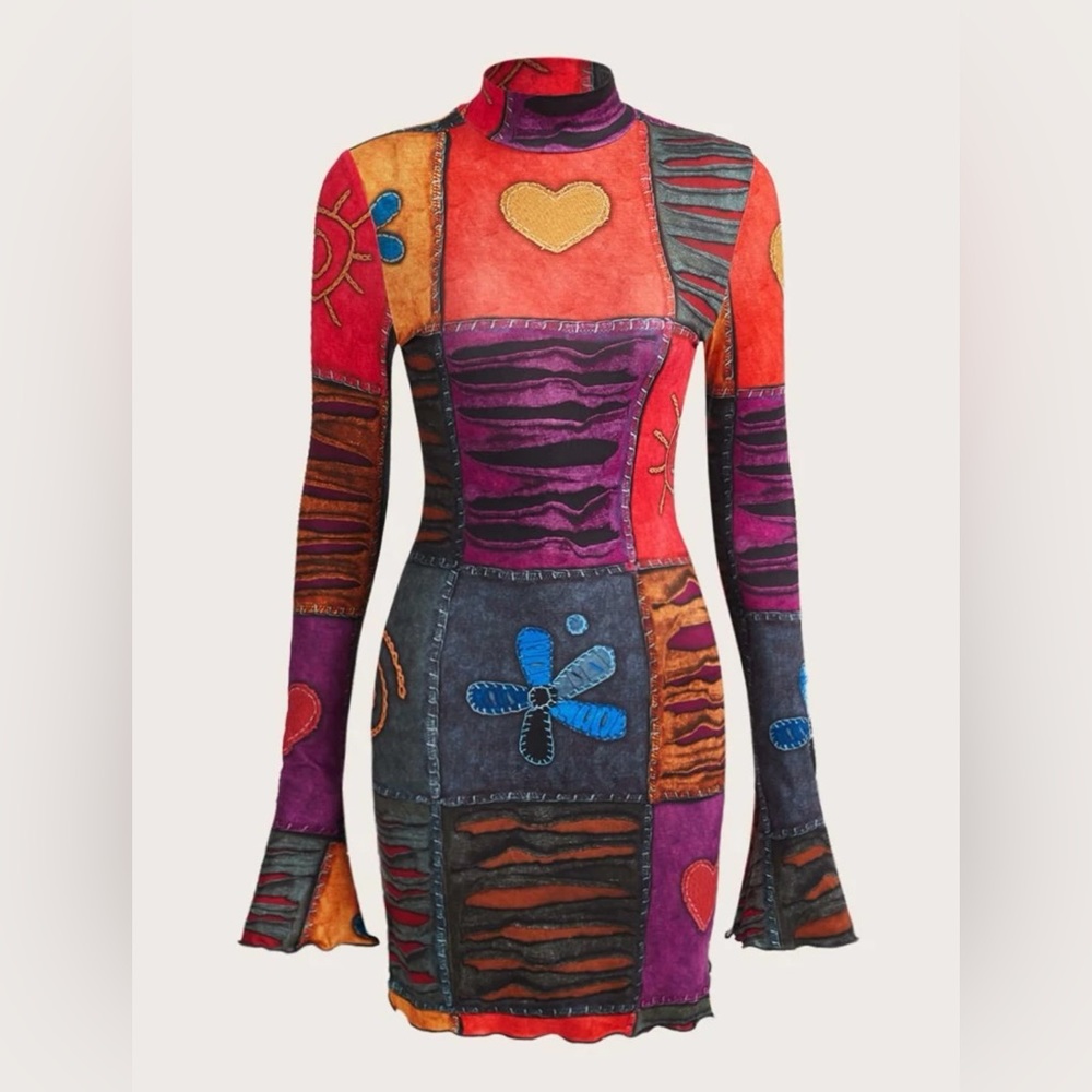 Floral & Heart Print Lettuce Trim Bodycon Dress